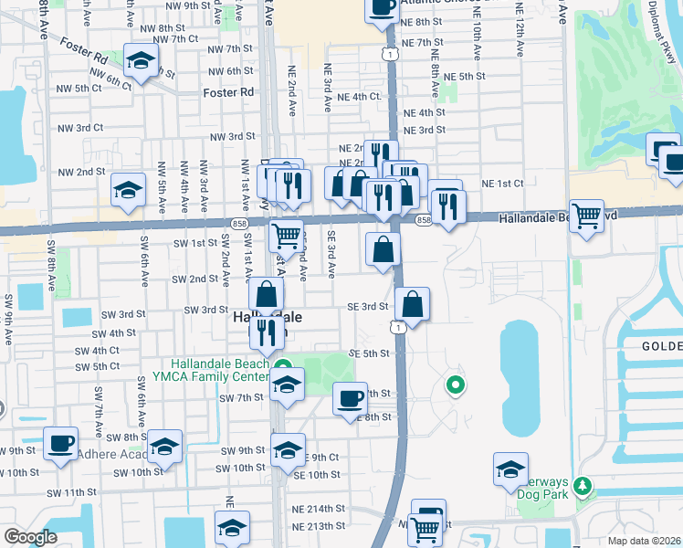 map of restaurants, bars, coffee shops, grocery stores, and more near 108 Southeast 2nd Street in Hallandale Beach