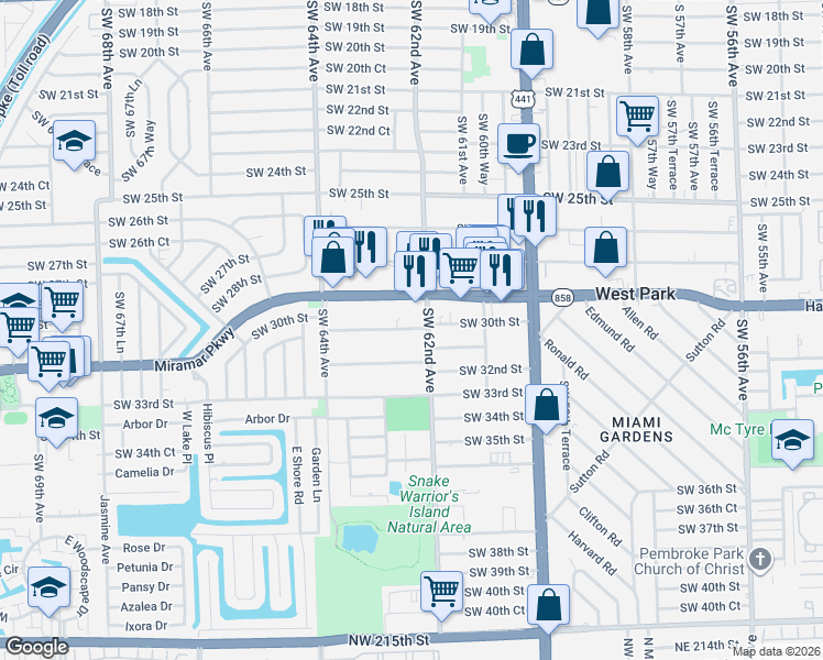 map of restaurants, bars, coffee shops, grocery stores, and more near 3010 Southwest 62nd Avenue in Miramar