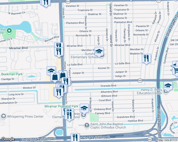 map of restaurants, bars, coffee shops, grocery stores, and more near 7812 Juniper Street in Miramar
