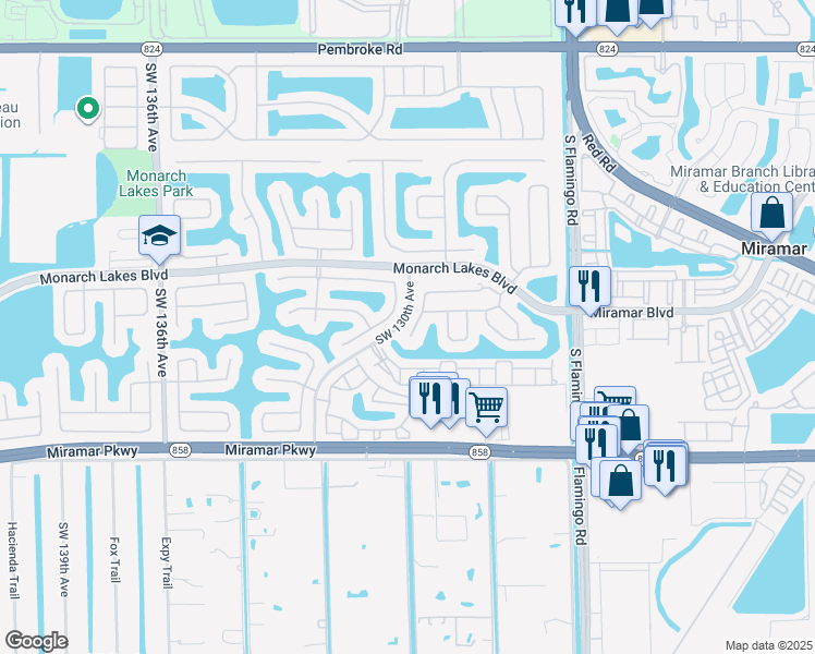 map of restaurants, bars, coffee shops, grocery stores, and more near 2757 Southwest 129th Terrace in Miramar
