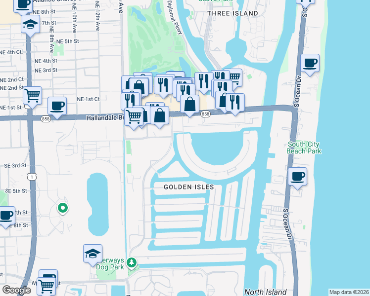 map of restaurants, bars, coffee shops, grocery stores, and more near 430 Golden Isles Drive in Hallandale Beach