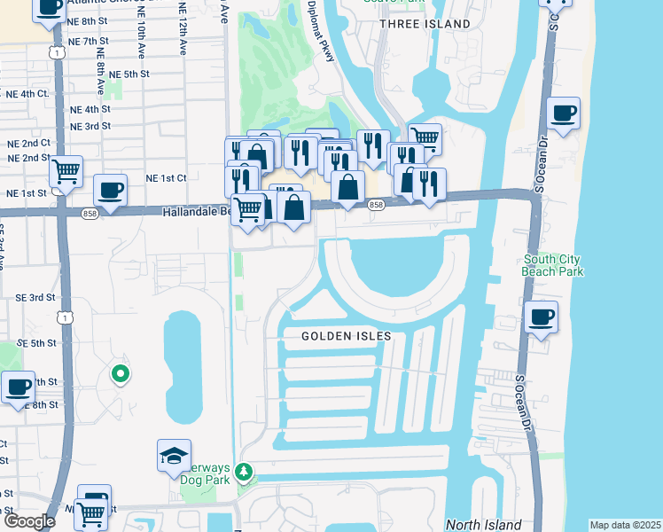 map of restaurants, bars, coffee shops, grocery stores, and more near 307 Layne Boulevard in Hallandale Beach