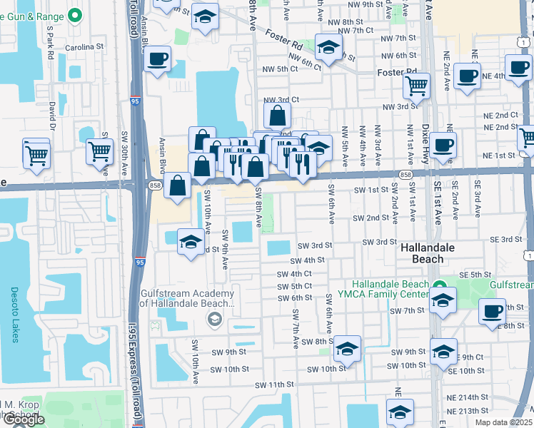 map of restaurants, bars, coffee shops, grocery stores, and more near 735 Southwest 1st Street in Hallandale Beach