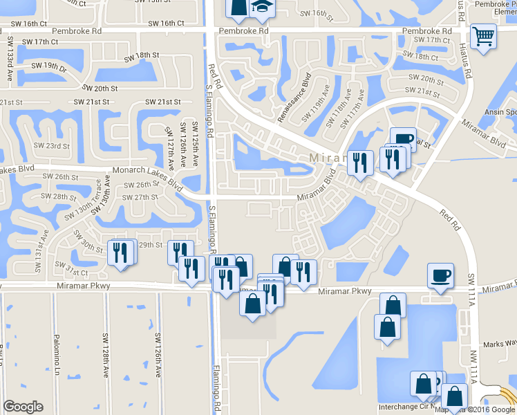 map of restaurants, bars, coffee shops, grocery stores, and more near 12253 Southwest 27th Street in Miramar