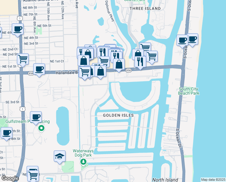 map of restaurants, bars, coffee shops, grocery stores, and more near 307 Layne Boulevard in Hallandale Beach
