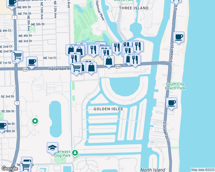 map of restaurants, bars, coffee shops, grocery stores, and more near 450 Golden Isles Drive in Hallandale Beach