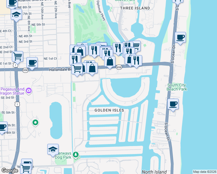 map of restaurants, bars, coffee shops, grocery stores, and more near 450 Golden Isles Drive in Hallandale Beach