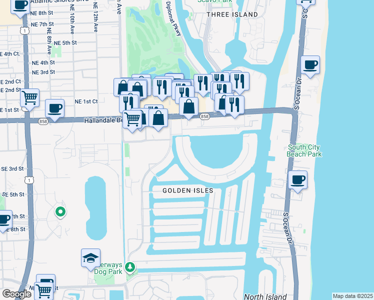 map of restaurants, bars, coffee shops, grocery stores, and more near 430 Golden Isles Drive in Hallandale Beach