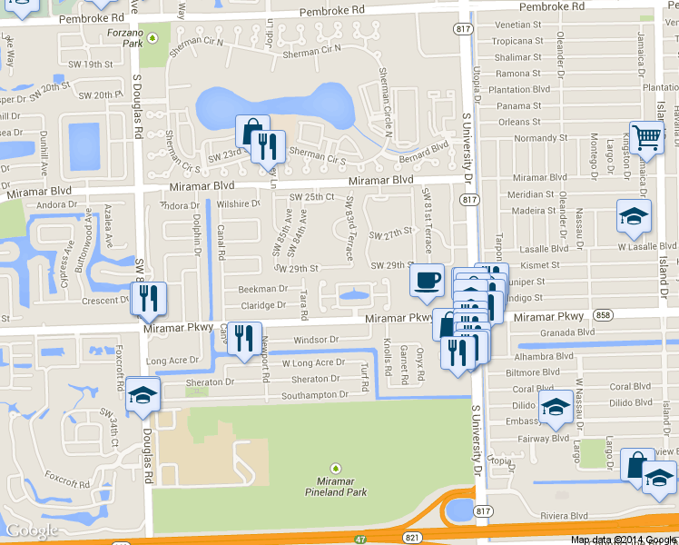 map of restaurants, bars, coffee shops, grocery stores, and more near 8389 North Missionwood Circle in Miramar