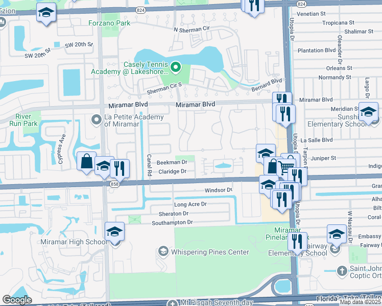 map of restaurants, bars, coffee shops, grocery stores, and more near in Miramar