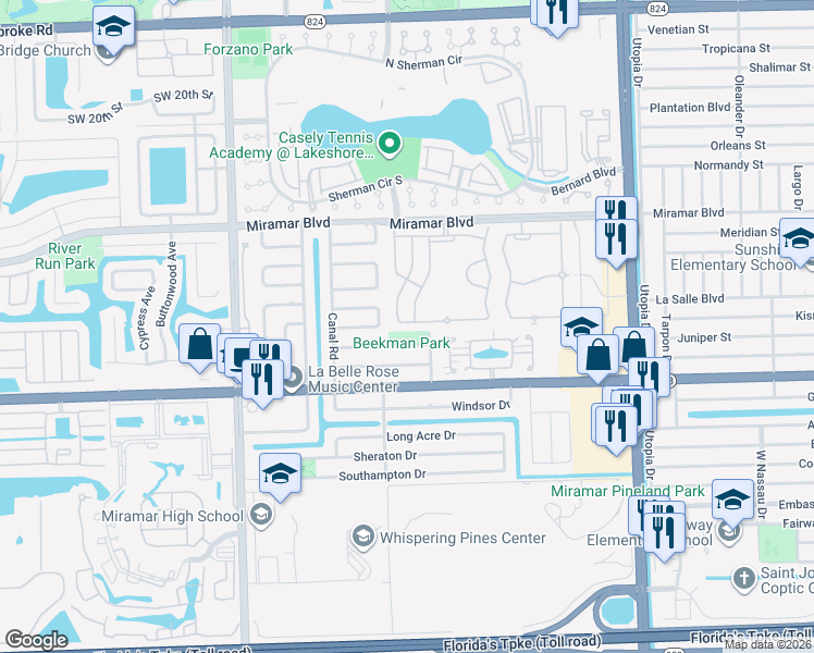 map of restaurants, bars, coffee shops, grocery stores, and more near in Miramar
