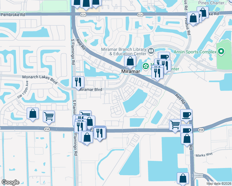 map of restaurants, bars, coffee shops, grocery stores, and more near 2586 Southwest 119th Way in Miramar