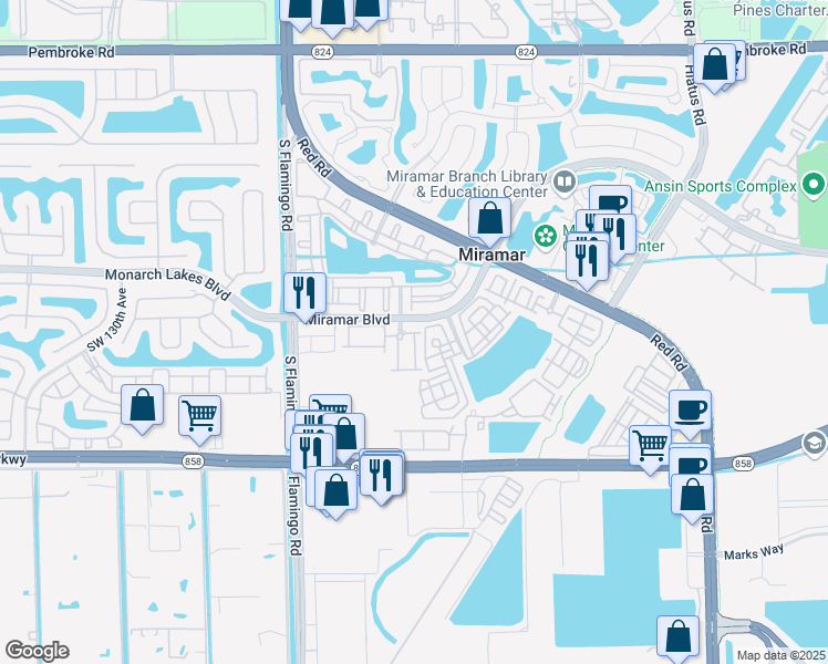 map of restaurants, bars, coffee shops, grocery stores, and more near 2656 Southwest 120th Terrace in Miramar
