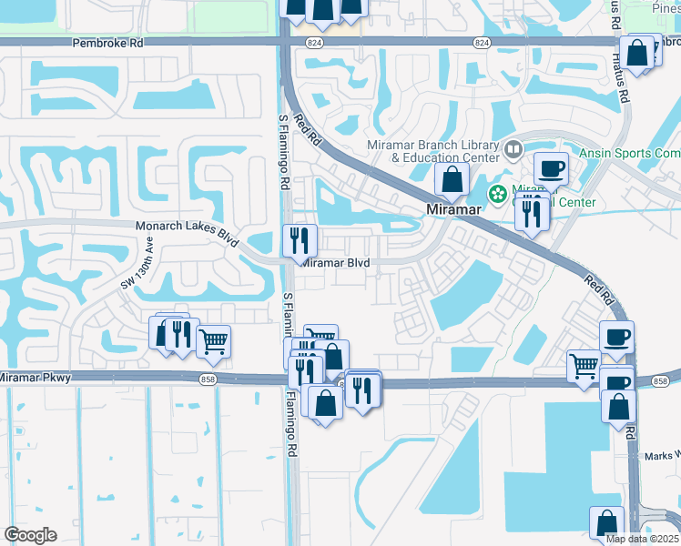 map of restaurants, bars, coffee shops, grocery stores, and more near 12253 Southwest 27th Street in Miramar