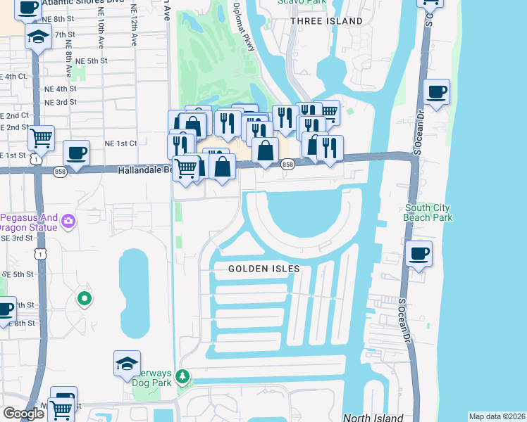 map of restaurants, bars, coffee shops, grocery stores, and more near 430 Golden Isles Drive in Hallandale Beach