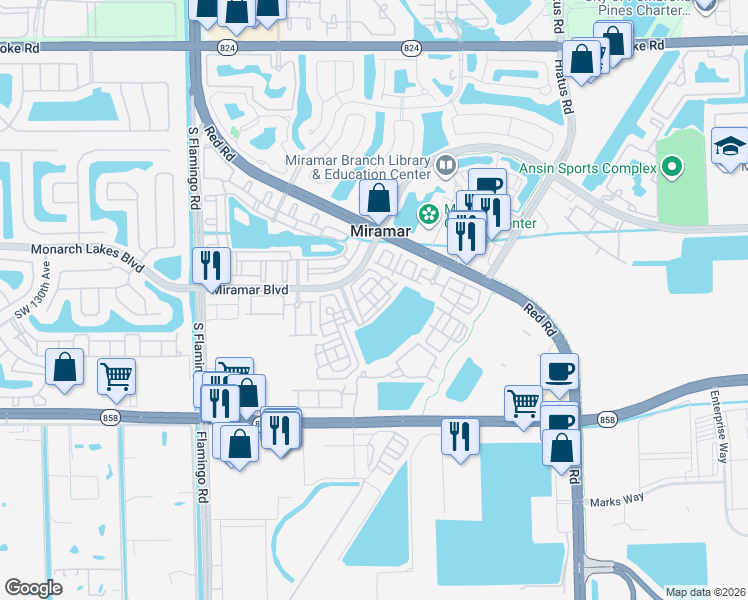 map of restaurants, bars, coffee shops, grocery stores, and more near 2630 Southwest 119th Terrace in Miramar