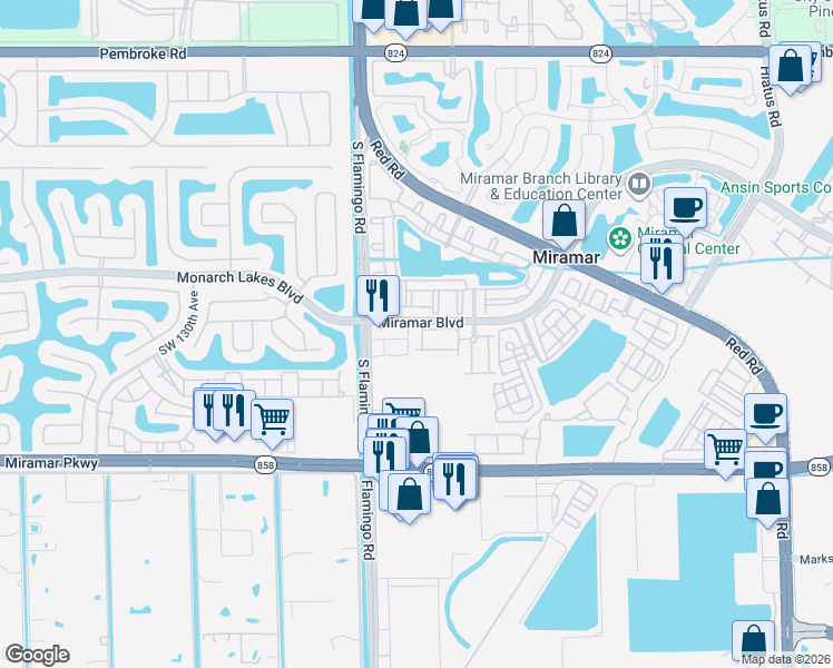 map of restaurants, bars, coffee shops, grocery stores, and more near 12280 Miramar Boulevard in Miramar