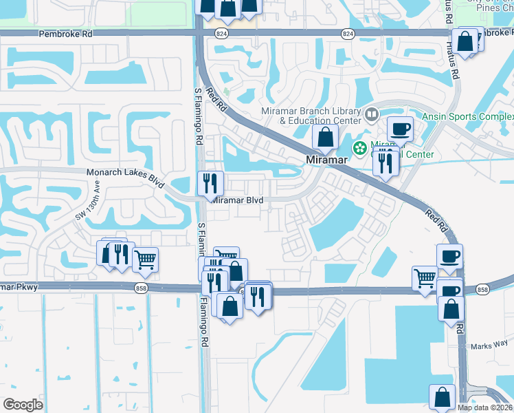 map of restaurants, bars, coffee shops, grocery stores, and more near 12253 Southwest 27th Street in Miramar