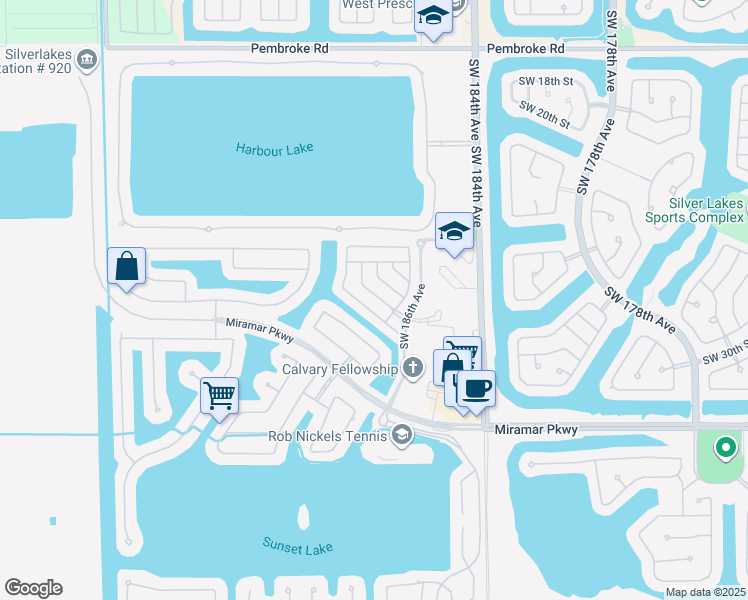 map of restaurants, bars, coffee shops, grocery stores, and more near 18778 Southwest 28th Street in Miramar