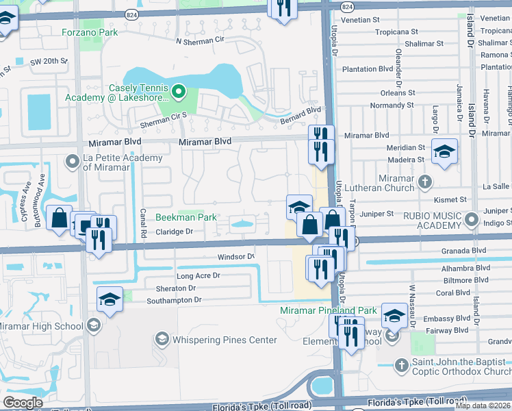 map of restaurants, bars, coffee shops, grocery stores, and more near 2930 East Missionwood Lane in Miramar