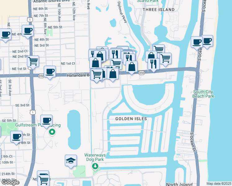 map of restaurants, bars, coffee shops, grocery stores, and more near 300 Layne Boulevard in Hallandale Beach