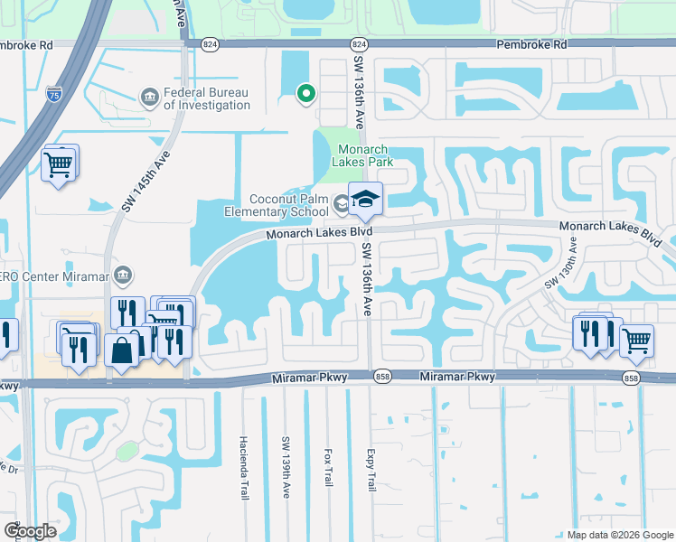 map of restaurants, bars, coffee shops, grocery stores, and more near 2750 Southwest 137th Terrace in Miramar