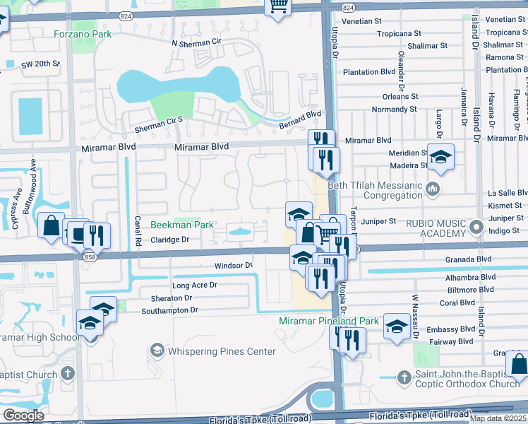 map of restaurants, bars, coffee shops, grocery stores, and more near 8322 North Missionwood Circle in Miramar