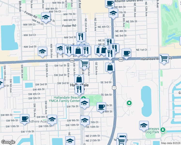 map of restaurants, bars, coffee shops, grocery stores, and more near 200 Southeast 2nd Street in Hallandale Beach