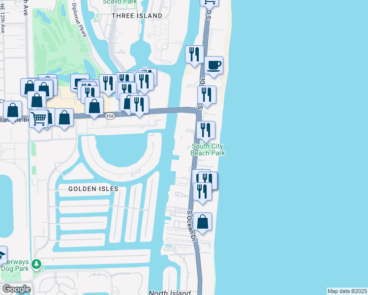 map of restaurants, bars, coffee shops, grocery stores, and more near 1889 South Ocean Drive in Hallandale Beach