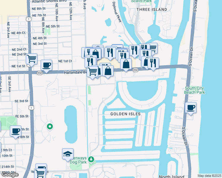 map of restaurants, bars, coffee shops, grocery stores, and more near 307 Layne Boulevard in Hallandale Beach