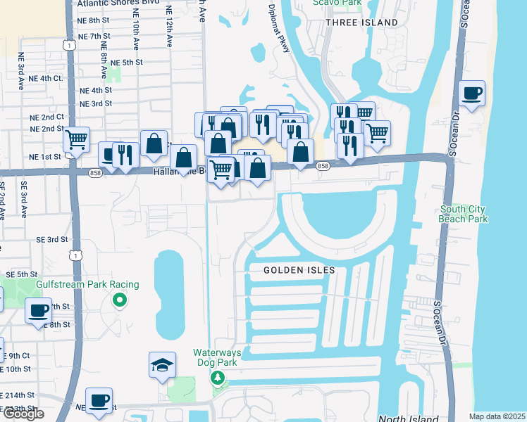 map of restaurants, bars, coffee shops, grocery stores, and more near 62 Blue Heron Drive in Hallandale Beach