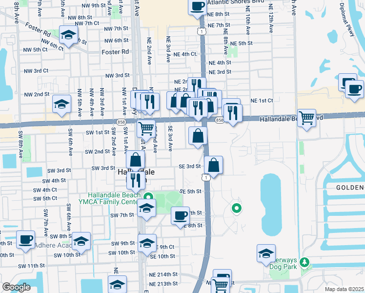 map of restaurants, bars, coffee shops, grocery stores, and more near 108 Southeast 2nd Street in Hallandale Beach