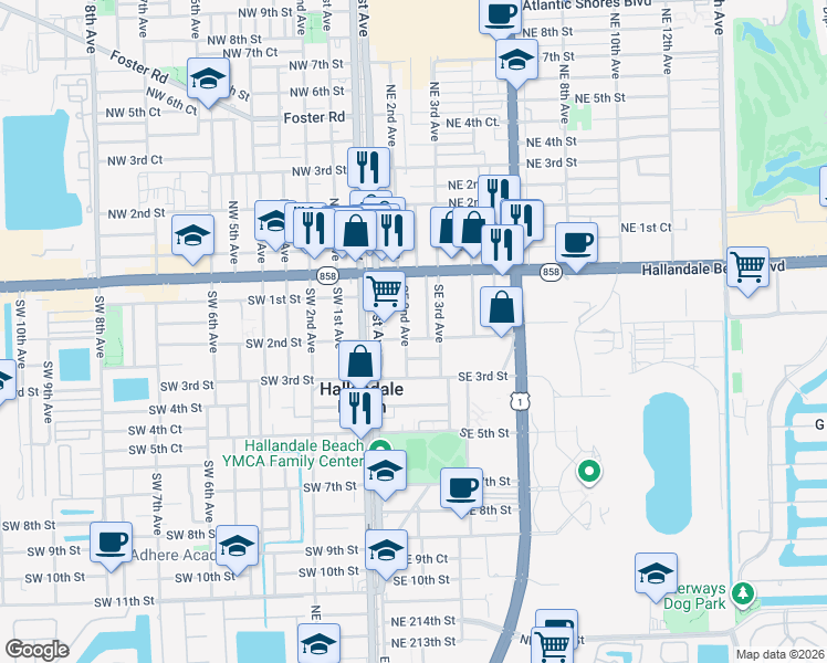 map of restaurants, bars, coffee shops, grocery stores, and more near 200 Southeast 2nd Street in Hallandale Beach