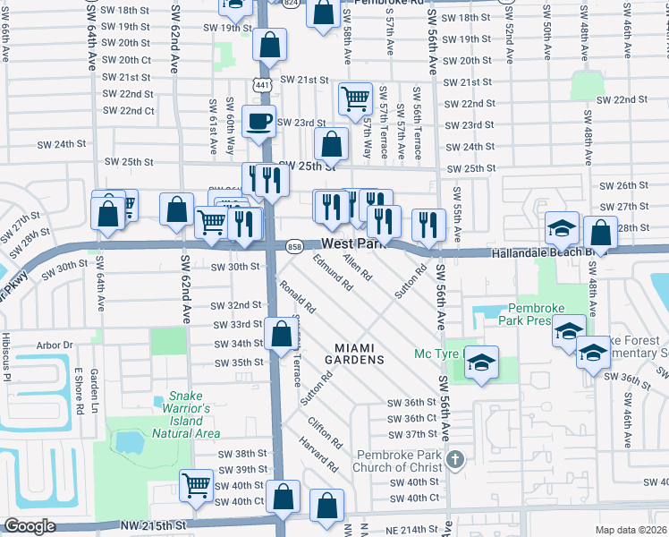 map of restaurants, bars, coffee shops, grocery stores, and more near 20 Edmund Road in West Park
