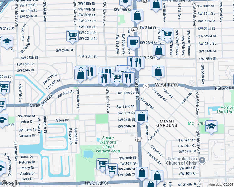 map of restaurants, bars, coffee shops, grocery stores, and more near 6121 Southwest 31st Street in Miramar