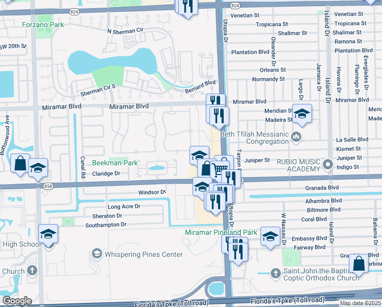 map of restaurants, bars, coffee shops, grocery stores, and more near 8206 Southwest 29th Street in Miramar