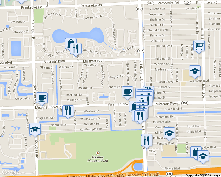 map of restaurants, bars, coffee shops, grocery stores, and more near 8322 North Missionwood Circle in Miramar