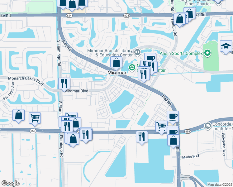 map of restaurants, bars, coffee shops, grocery stores, and more near 2630 Southwest 119th Terrace in Miramar