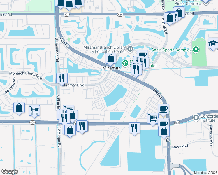 map of restaurants, bars, coffee shops, grocery stores, and more near 2630 Southwest 119th Terrace in Miramar