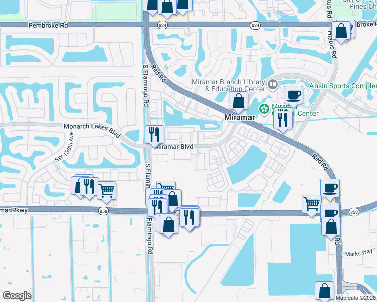 map of restaurants, bars, coffee shops, grocery stores, and more near 12253 Southwest 27th Street in Miramar