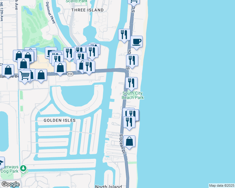 map of restaurants, bars, coffee shops, grocery stores, and more near 1889 South Ocean Drive in Hallandale Beach