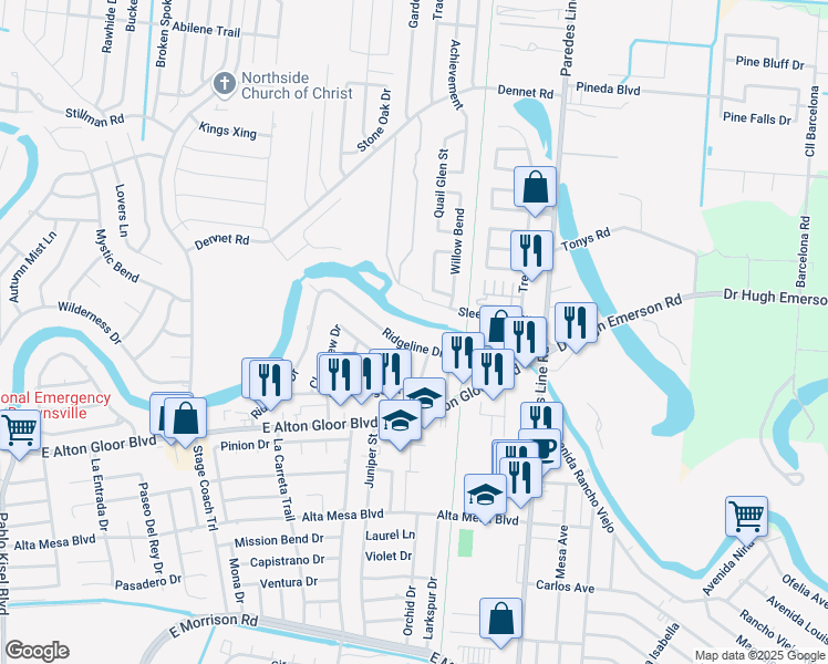 map of restaurants, bars, coffee shops, grocery stores, and more near 5273 Ridgeline Dr in Brownsville