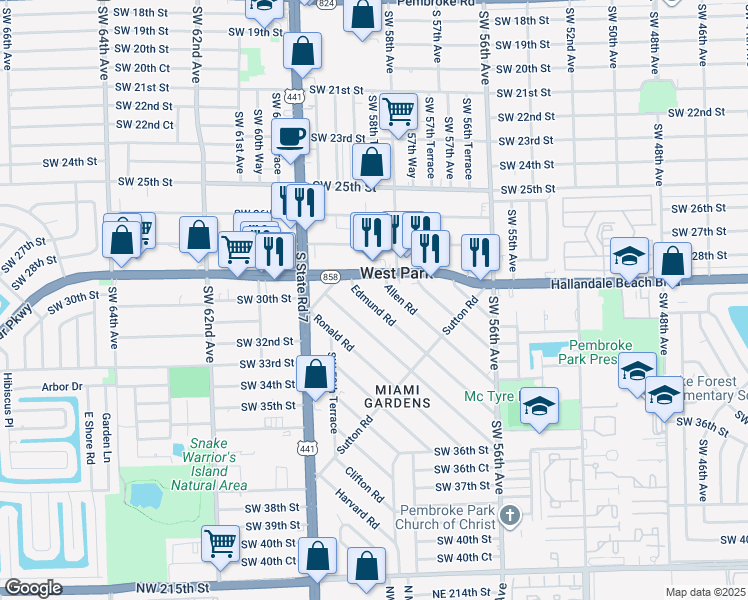 map of restaurants, bars, coffee shops, grocery stores, and more near 17 Edmund Road in West Park