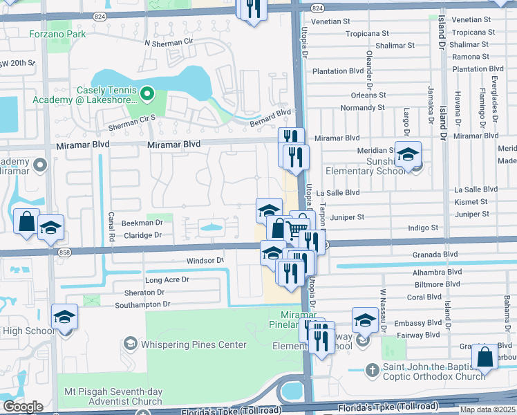 map of restaurants, bars, coffee shops, grocery stores, and more near 8206 Southwest 29th Street in Miramar