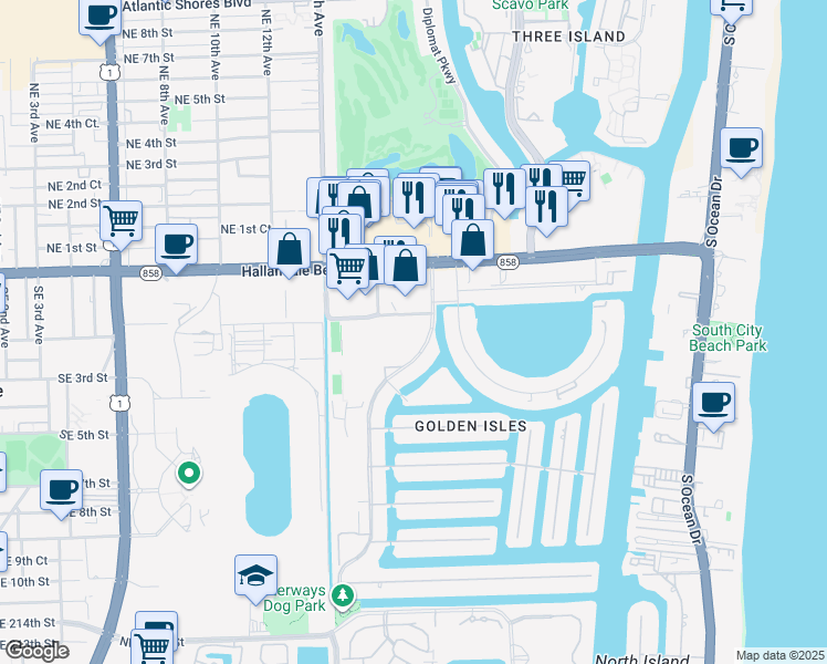 map of restaurants, bars, coffee shops, grocery stores, and more near 62 Blue Heron Drive in Hallandale Beach