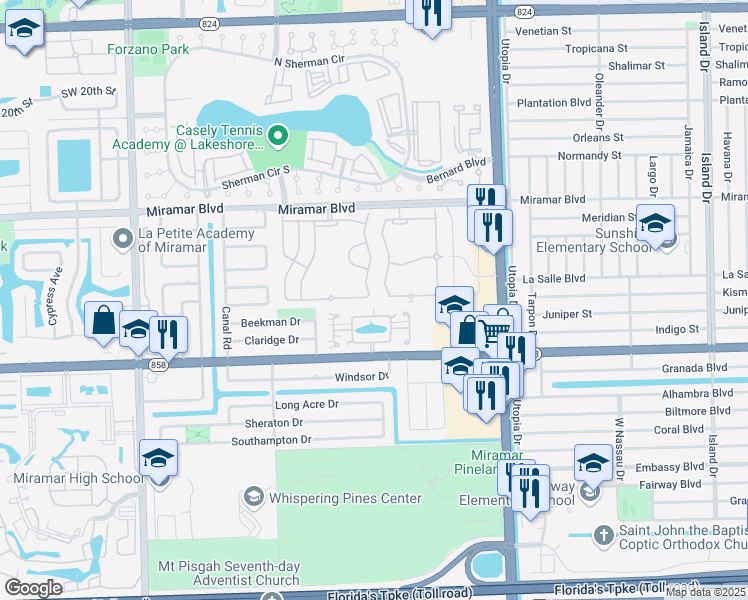 map of restaurants, bars, coffee shops, grocery stores, and more near 2893 Southwest 83rd Terrace in Miramar