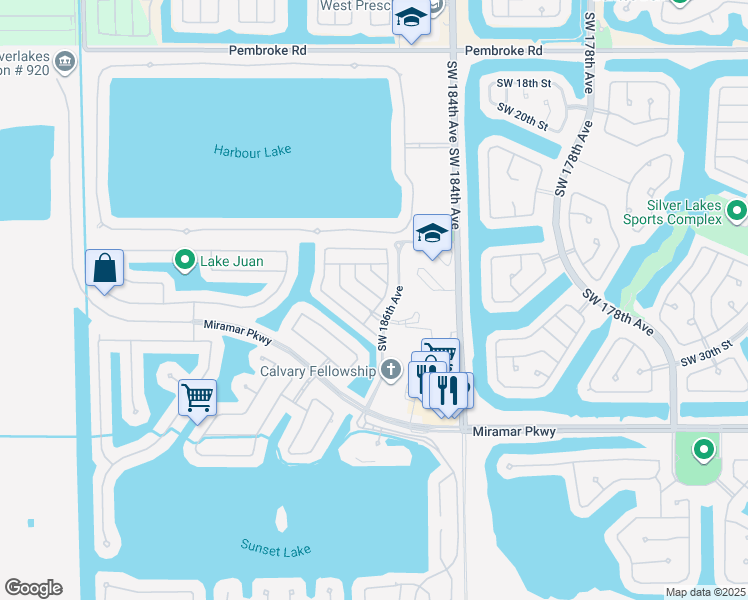 map of restaurants, bars, coffee shops, grocery stores, and more near 2921 Southwest 28th Street in Miramar