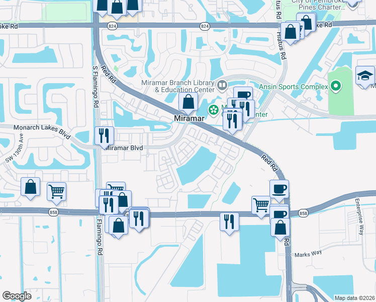 map of restaurants, bars, coffee shops, grocery stores, and more near 2667 Southwest 118 Road in Miramar