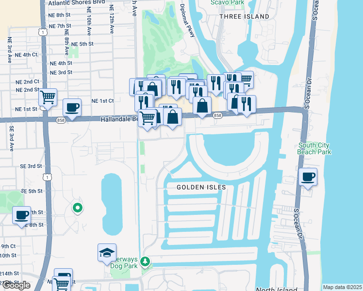 map of restaurants, bars, coffee shops, grocery stores, and more near 307 Layne Boulevard in Hallandale Beach