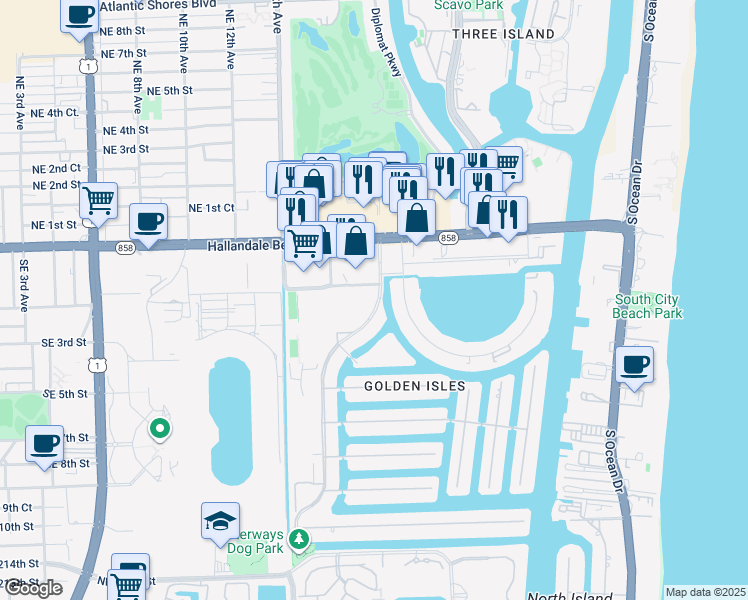 map of restaurants, bars, coffee shops, grocery stores, and more near 307 Layne Boulevard in Hallandale Beach